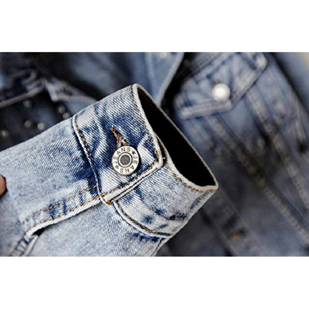 Distressed Denim Jacket with Pearl Embroidery, Cotton Poly Blend, Sizes XS-XXL - Picture 3 of 8